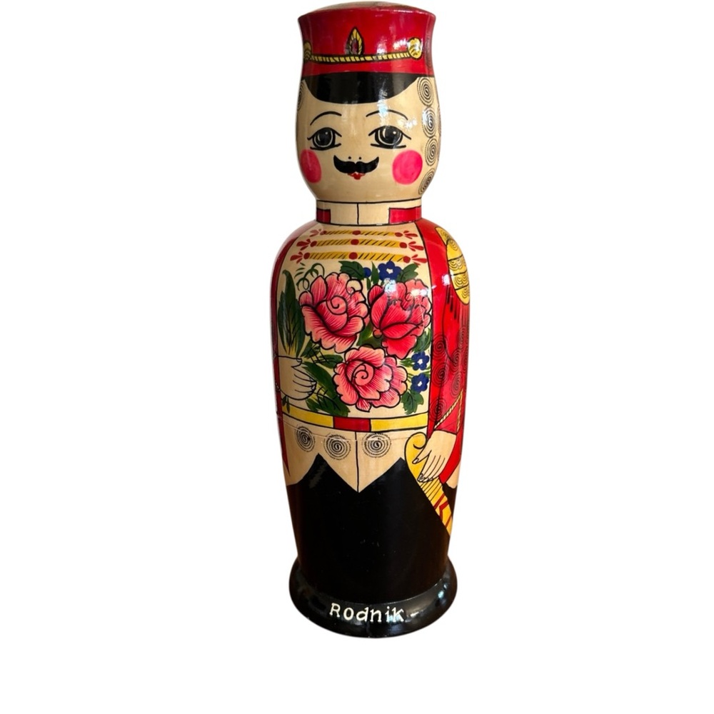 Vintage Rodnik Vodka bottle holder hand-painted wooden Russian matryoshka doll